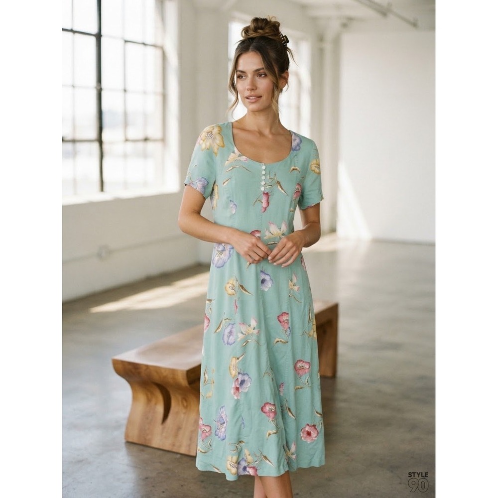 Vintage Kathie Lee Floral Midi Dress Seafoam Green 90s Cottagecore size 12